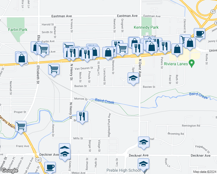 map of restaurants, bars, coffee shops, grocery stores, and more near 1950 Basten Street in Green Bay