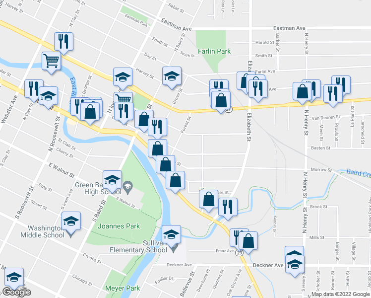 map of restaurants, bars, coffee shops, grocery stores, and more near 1489 Cedar Street in Green Bay