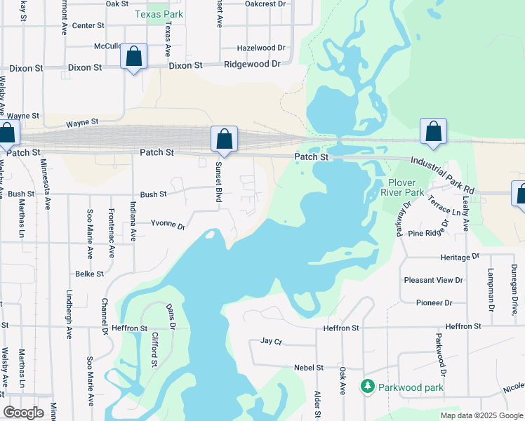 map of restaurants, bars, coffee shops, grocery stores, and more near 2633 Bush Court in Stevens Point