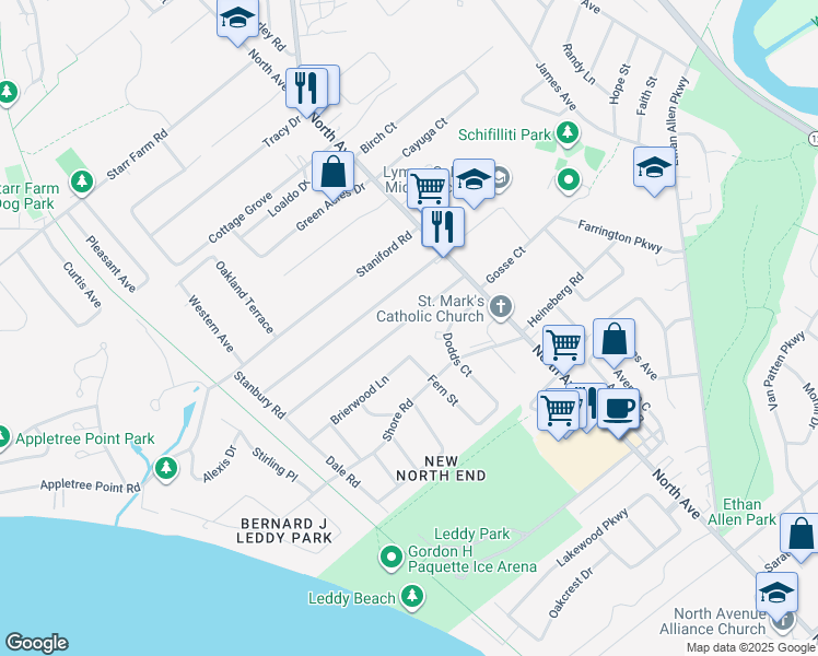 map of restaurants, bars, coffee shops, grocery stores, and more near 77 Woodlawn Road in Burlington