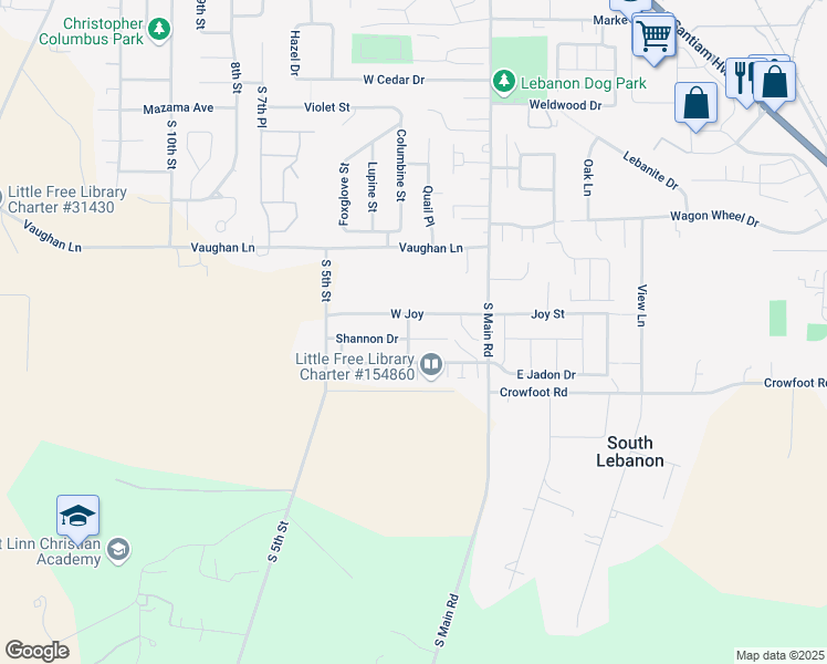 map of restaurants, bars, coffee shops, grocery stores, and more near 281 Shannon Drive in Lebanon