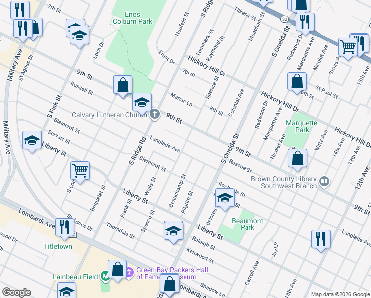map of restaurants, bars, coffee shops, grocery stores, and more near 1404 Spence Street in Green Bay