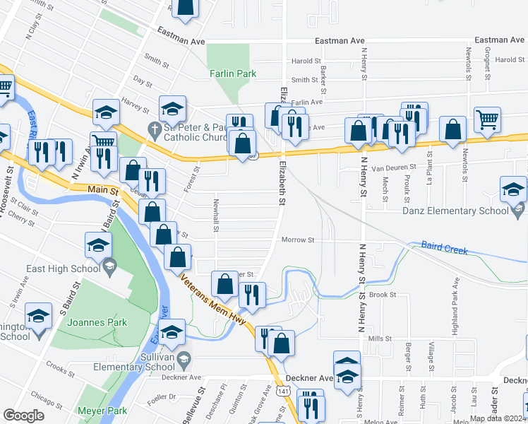 map of restaurants, bars, coffee shops, grocery stores, and more near 1577 Cedar Street in Green Bay