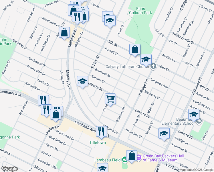 map of restaurants, bars, coffee shops, grocery stores, and more near 1411 Servais Street in Green Bay