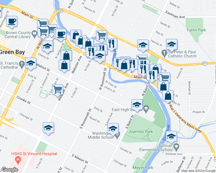 map of restaurants, bars, coffee shops, grocery stores, and more near 1221 Cherry St in Green Bay