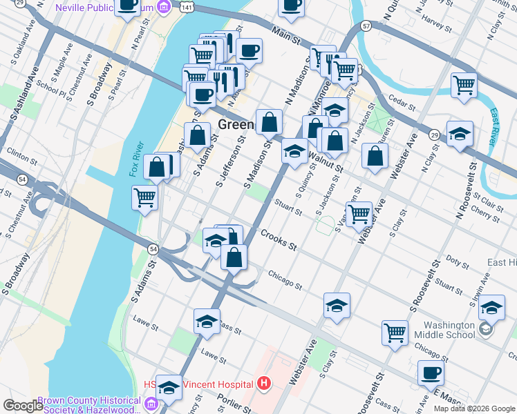 map of restaurants, bars, coffee shops, grocery stores, and more near 322 South Monroe Avenue in Green Bay