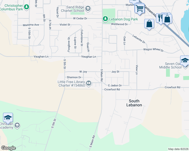 map of restaurants, bars, coffee shops, grocery stores, and more near 3426 Duck Place in Lebanon
