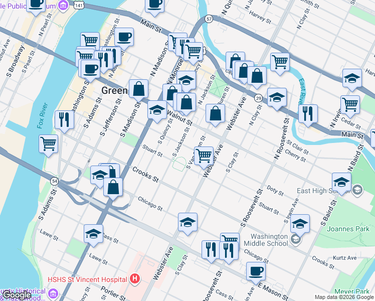 map of restaurants, bars, coffee shops, grocery stores, and more near 824 Doty Street in Green Bay