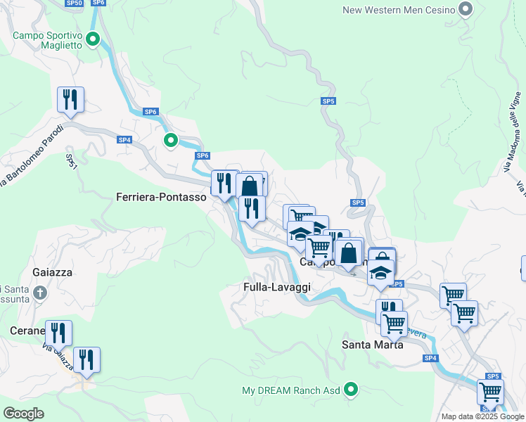 map of restaurants, bars, coffee shops, grocery stores, and more near 40 Via Alcide De Gasperi in Campomorone