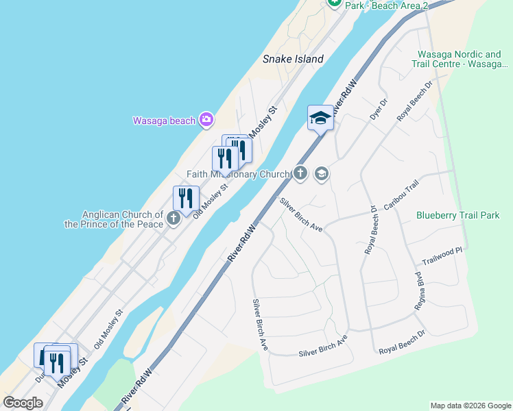 map of restaurants, bars, coffee shops, grocery stores, and more near 1416 River Road West in Wasaga Beach