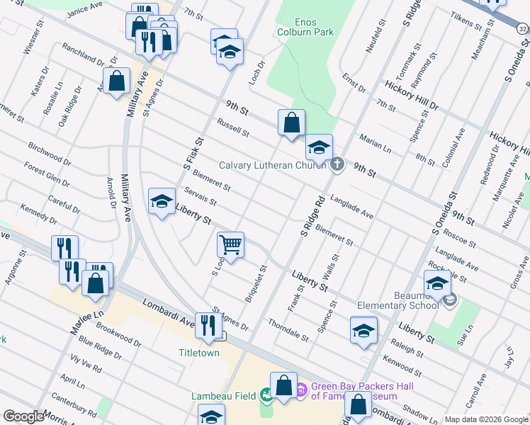 map of restaurants, bars, coffee shops, grocery stores, and more near 1357 Biemeret Street in Green Bay