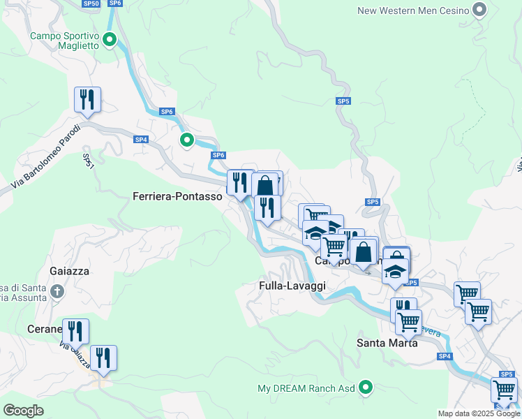 map of restaurants, bars, coffee shops, grocery stores, and more near 79 Via Martiri della Libertà in Campomorone