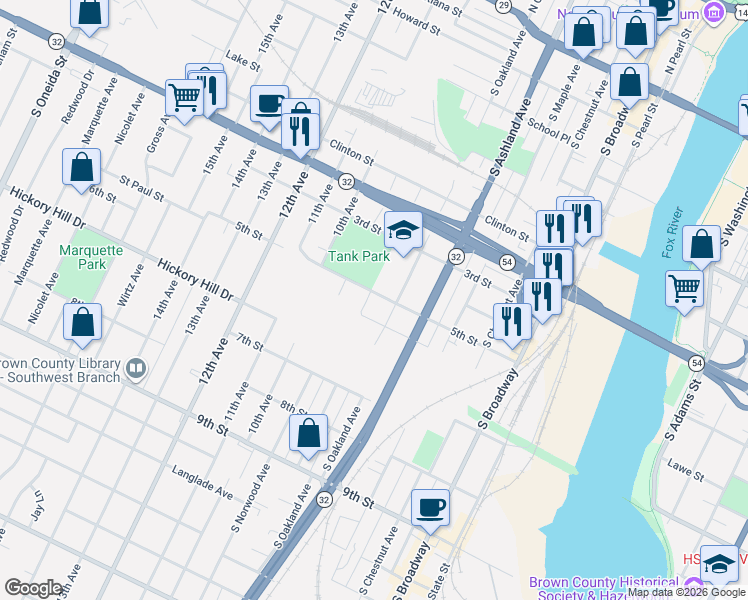 map of restaurants, bars, coffee shops, grocery stores, and more near 915 South Greenwood Avenue in Green Bay