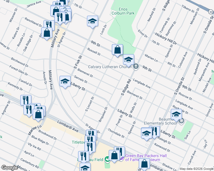 map of restaurants, bars, coffee shops, grocery stores, and more near 1357 Biemeret Street in Green Bay