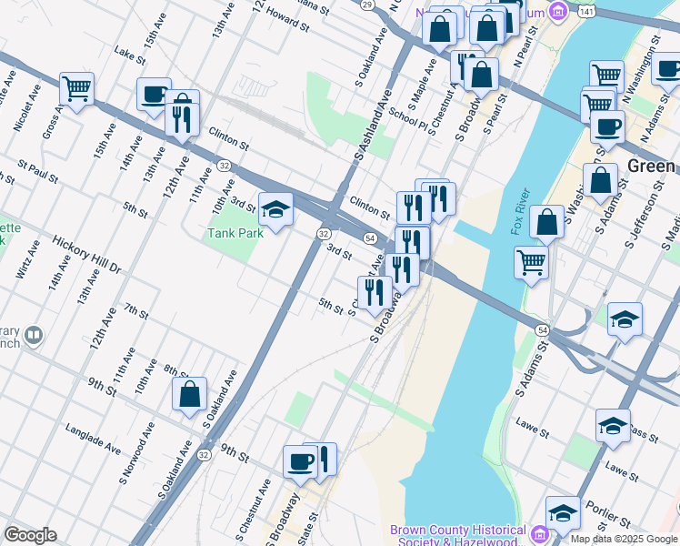 map of restaurants, bars, coffee shops, grocery stores, and more near 528 4th St in Green Bay