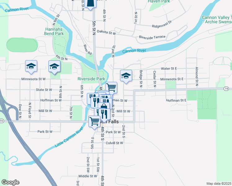 map of restaurants, bars, coffee shops, grocery stores, and more near 319 North 3rd Street in Cannon Falls