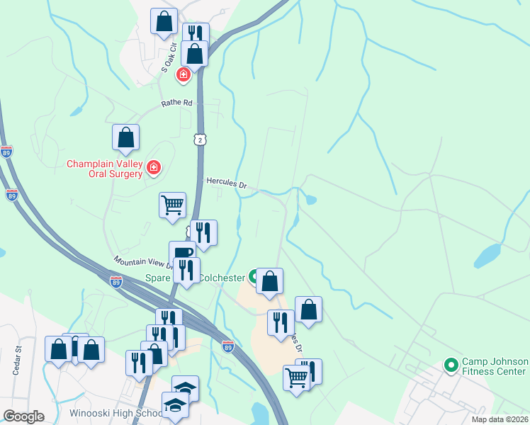 map of restaurants, bars, coffee shops, grocery stores, and more near 382 Hercules Drive in Colchester