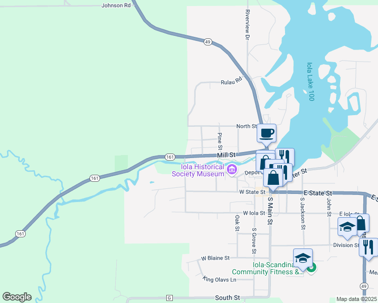 map of restaurants, bars, coffee shops, grocery stores, and more near 470 Mill Street in Iola