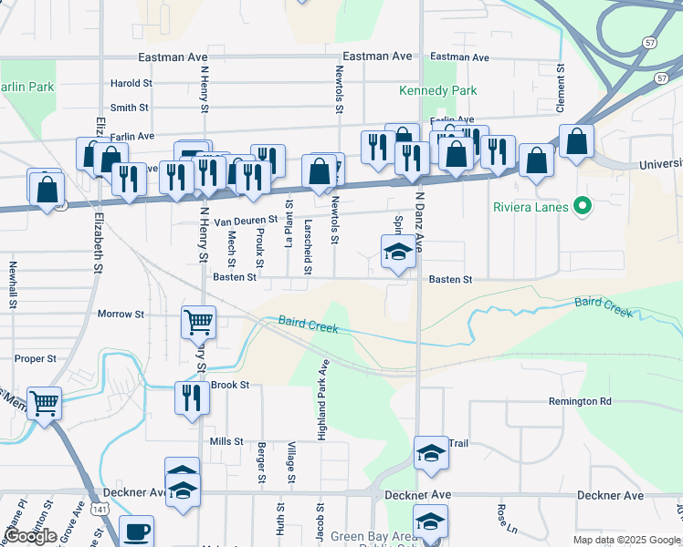map of restaurants, bars, coffee shops, grocery stores, and more near 1950 Basten Street in Green Bay