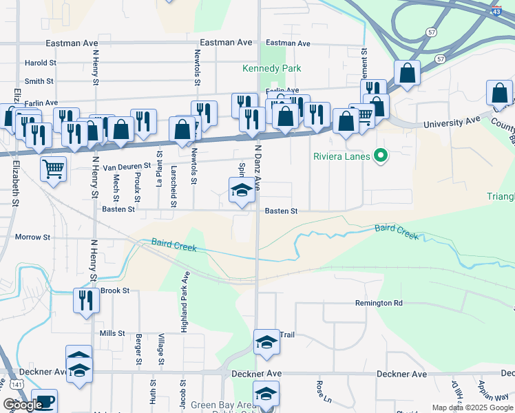 map of restaurants, bars, coffee shops, grocery stores, and more near 508 Danz Avenue in Green Bay