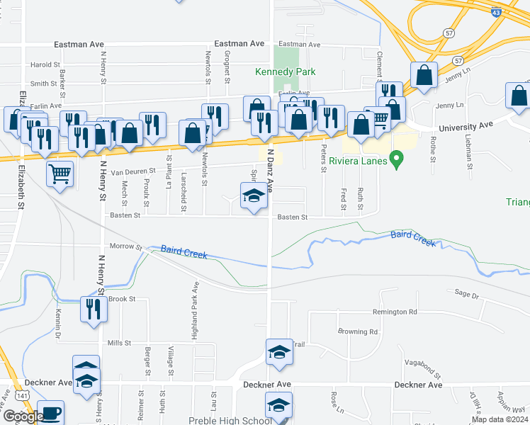 map of restaurants, bars, coffee shops, grocery stores, and more near 508 Danz Avenue in Green Bay