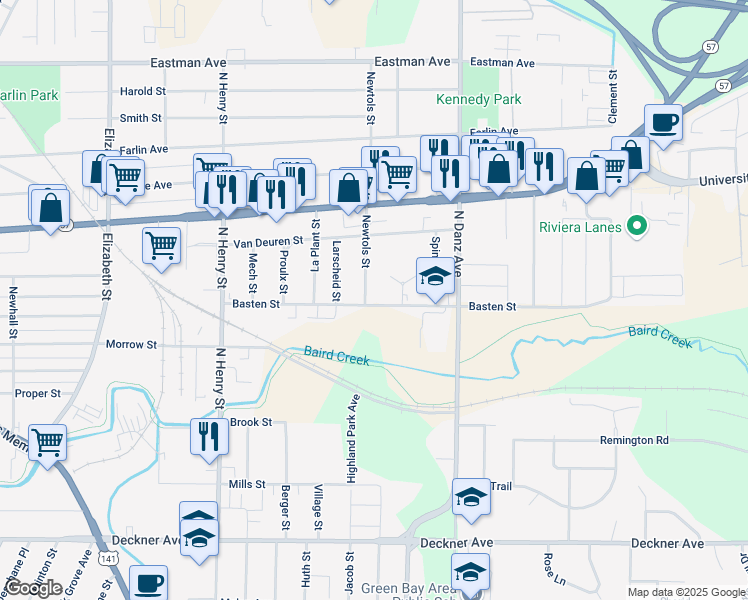 map of restaurants, bars, coffee shops, grocery stores, and more near 1950 Basten Street in Green Bay