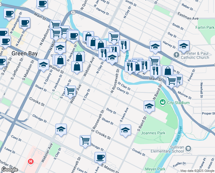 map of restaurants, bars, coffee shops, grocery stores, and more near 111 North Roosevelt Street in Green Bay