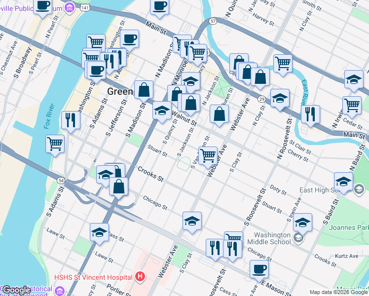 map of restaurants, bars, coffee shops, grocery stores, and more near 824 Doty Street in Green Bay