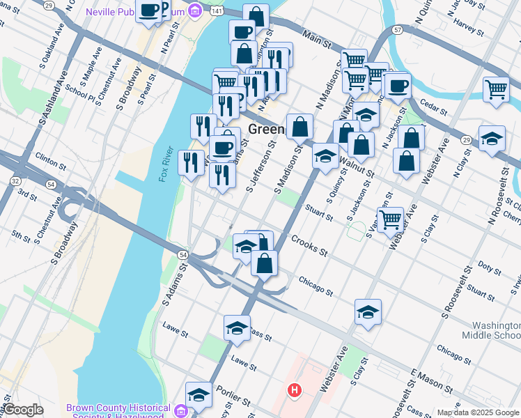 map of restaurants, bars, coffee shops, grocery stores, and more near 501 Crooks Street in Green Bay