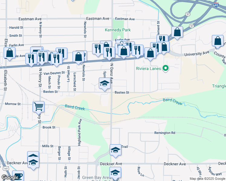 map of restaurants, bars, coffee shops, grocery stores, and more near 508 Danz Avenue in Green Bay