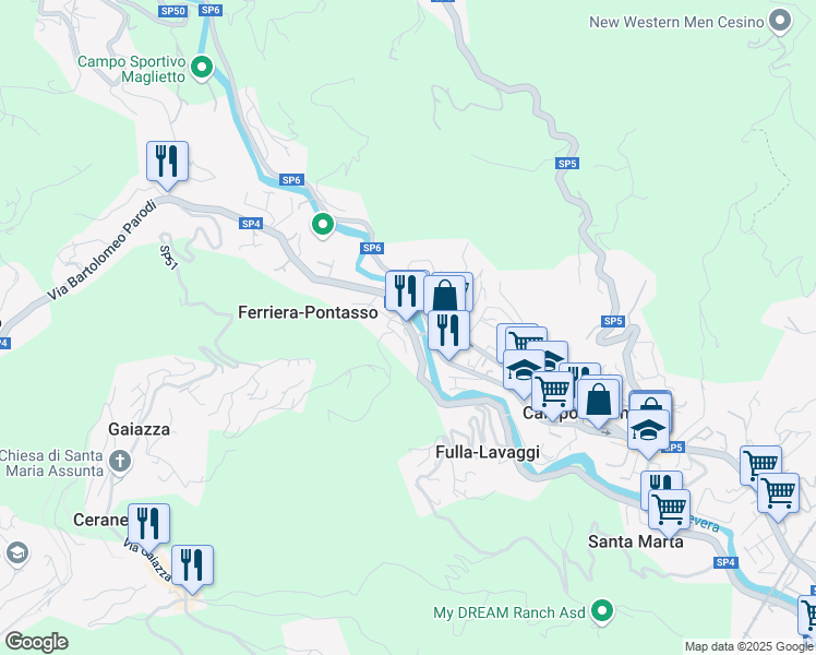 map of restaurants, bars, coffee shops, grocery stores, and more near 82 Via Bartolomeo Parodi in Ferriera-pontasso