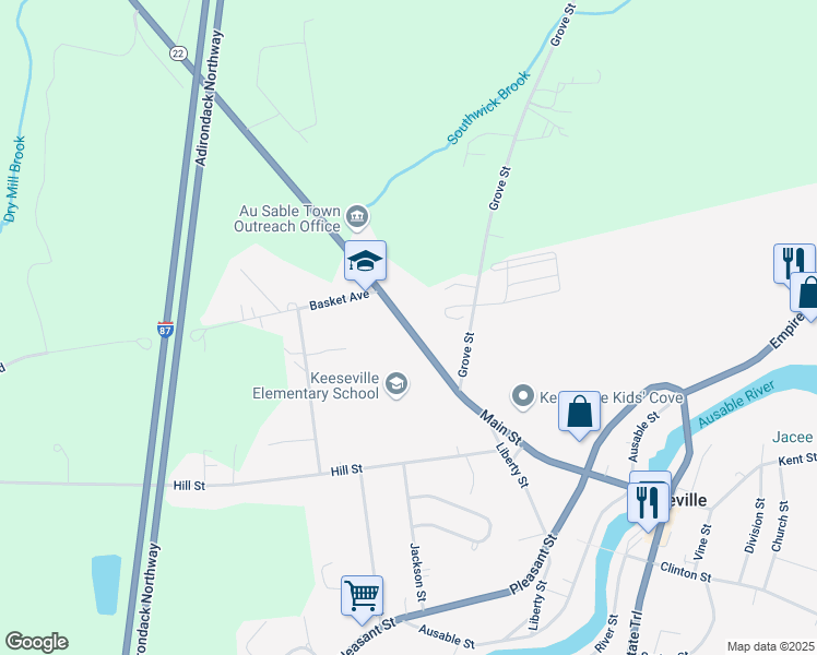 map of restaurants, bars, coffee shops, grocery stores, and more near 1825 New York 22 in Keeseville