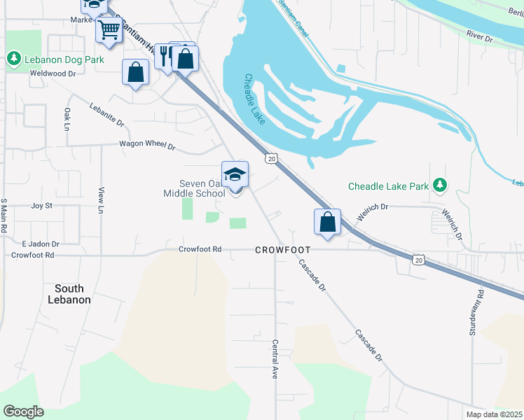 map of restaurants, bars, coffee shops, grocery stores, and more near 550 Cascade Drive in Lebanon