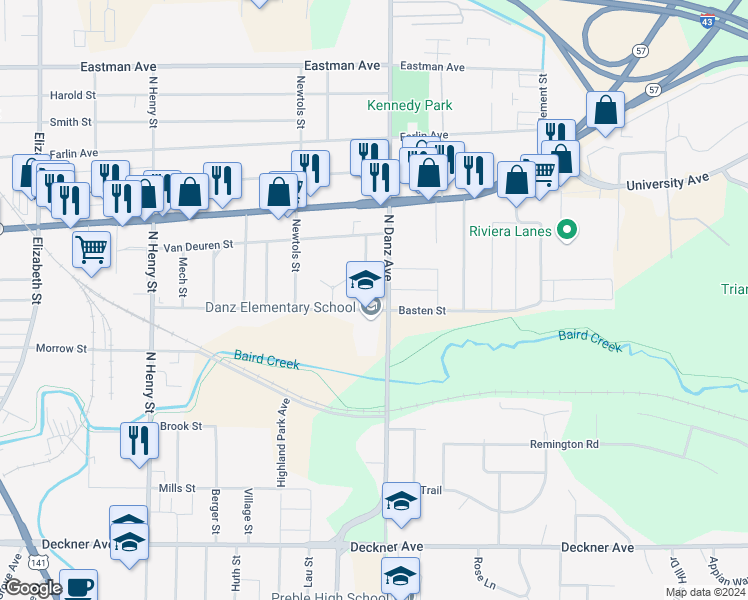 map of restaurants, bars, coffee shops, grocery stores, and more near 509 Spinnaker Lane in Green Bay