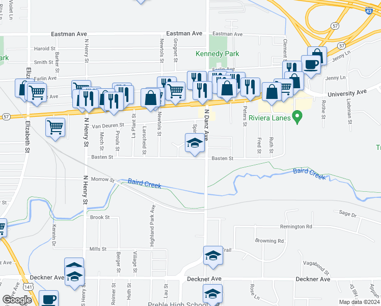 map of restaurants, bars, coffee shops, grocery stores, and more near 509 Spinnaker Lane in Green Bay