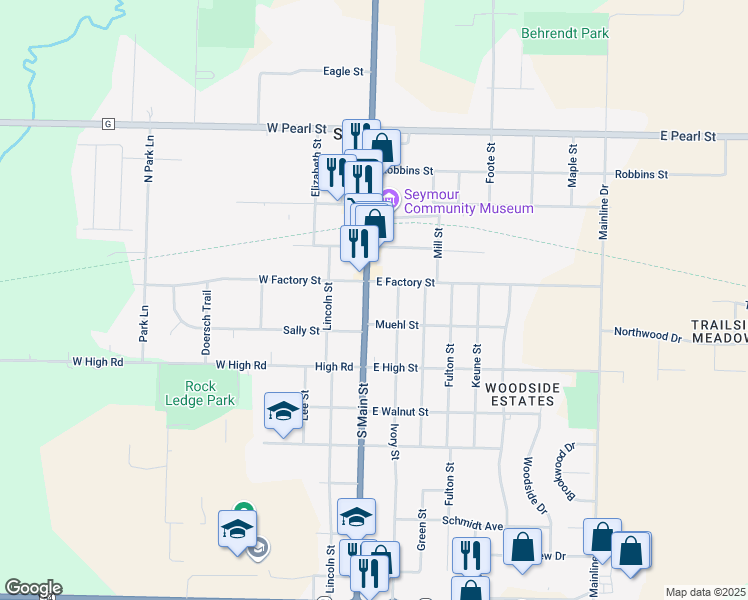 map of restaurants, bars, coffee shops, grocery stores, and more near 345 South Main Street in Seymour