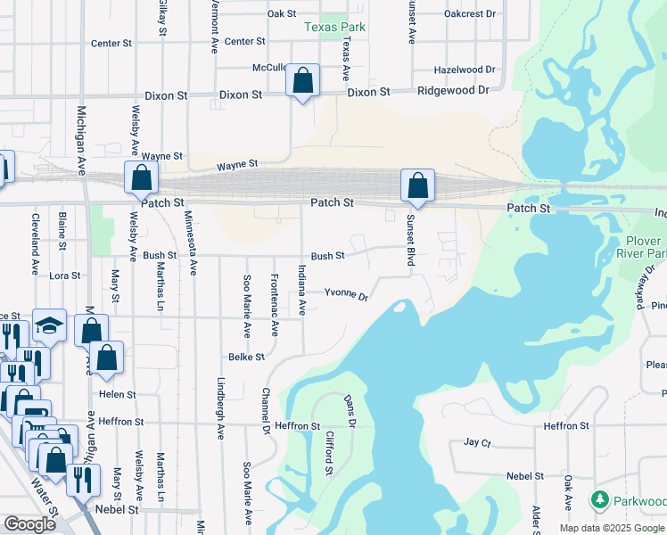 map of restaurants, bars, coffee shops, grocery stores, and more near 3220 Yvonne Drive in Stevens Point