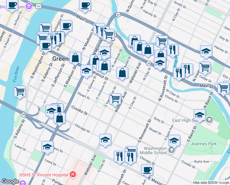 map of restaurants, bars, coffee shops, grocery stores, and more near 915 Doty Street in Green Bay