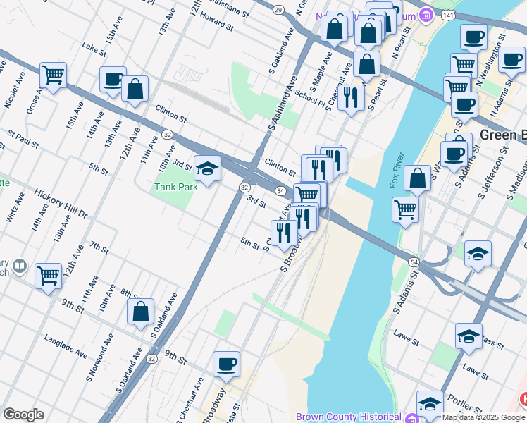 map of restaurants, bars, coffee shops, grocery stores, and more near 528 4th Street in Green Bay