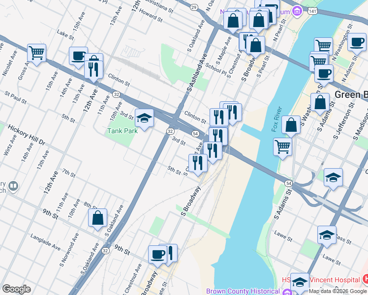 map of restaurants, bars, coffee shops, grocery stores, and more near 528 4th Street in Green Bay