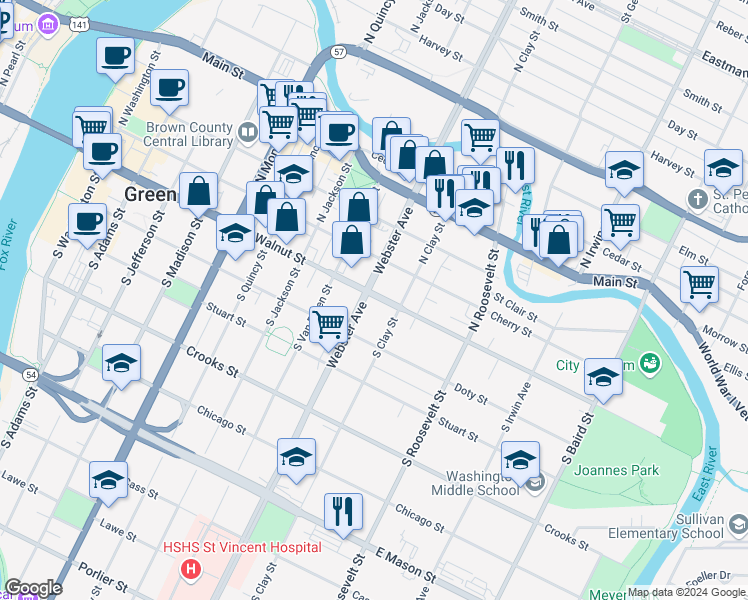 map of restaurants, bars, coffee shops, grocery stores, and more near 1008 East Walnut Street in Green Bay