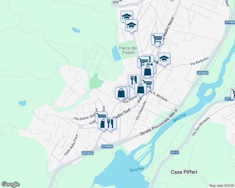 map of restaurants, bars, coffee shops, grocery stores, and more near 16 Via del Taglio in Castellarano
