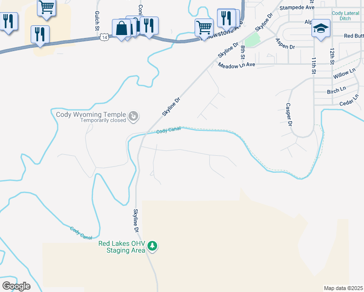 map of restaurants, bars, coffee shops, grocery stores, and more near 601 Olive Glenn Drive in Cody