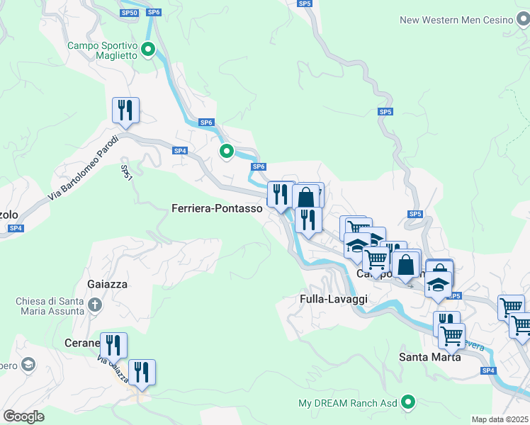 map of restaurants, bars, coffee shops, grocery stores, and more near 82 Via Bartolomeo Parodi in Ferriera-pontasso