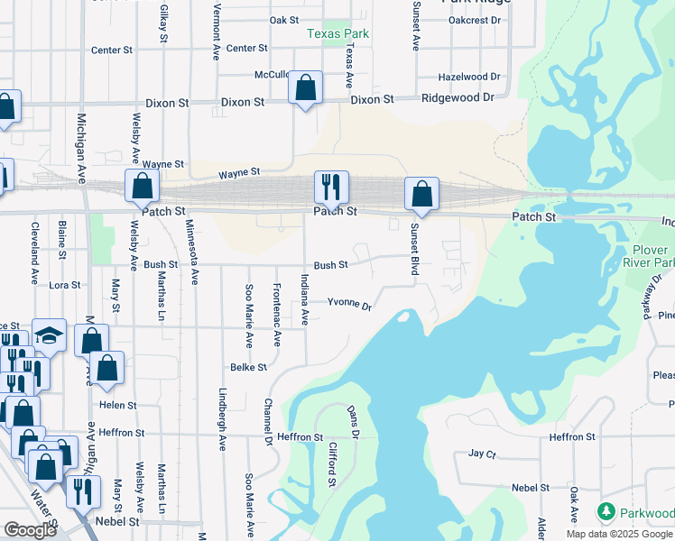 map of restaurants, bars, coffee shops, grocery stores, and more near 3309 Bush Street in Stevens Point