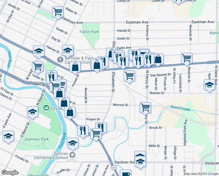 map of restaurants, bars, coffee shops, grocery stores, and more near 1577 Cedar Street in Green Bay