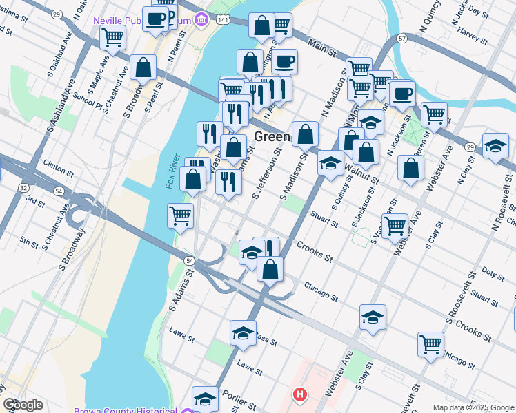 map of restaurants, bars, coffee shops, grocery stores, and more near 403 South Jefferson Street in Green Bay
