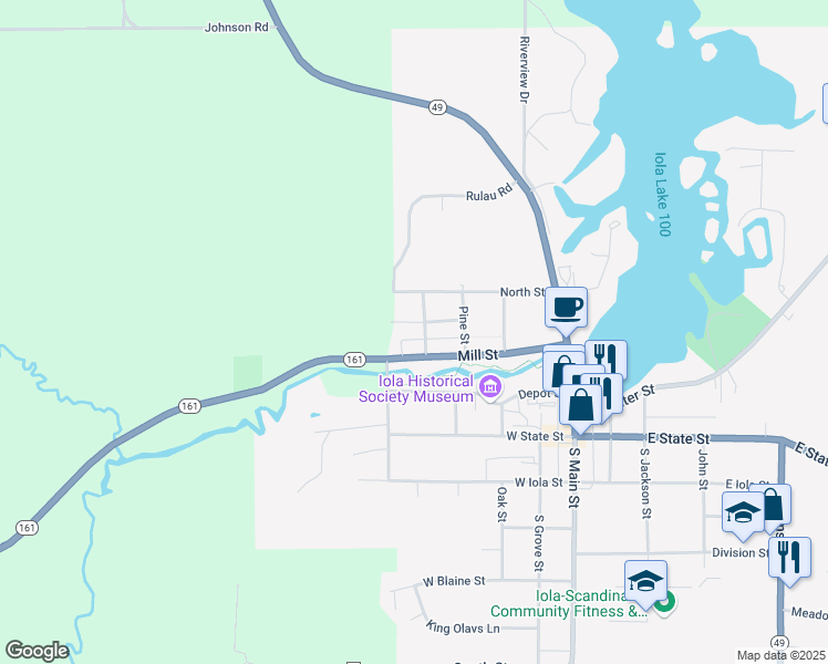 map of restaurants, bars, coffee shops, grocery stores, and more near 470 Mill Street in Iola