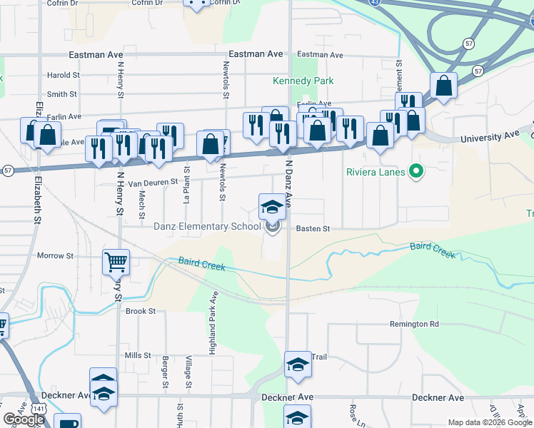 map of restaurants, bars, coffee shops, grocery stores, and more near 523 Spinnaker Lane in Green Bay