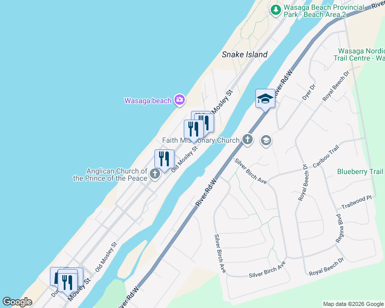 map of restaurants, bars, coffee shops, grocery stores, and more near 75 Old Mosley Street in Wasaga Beach